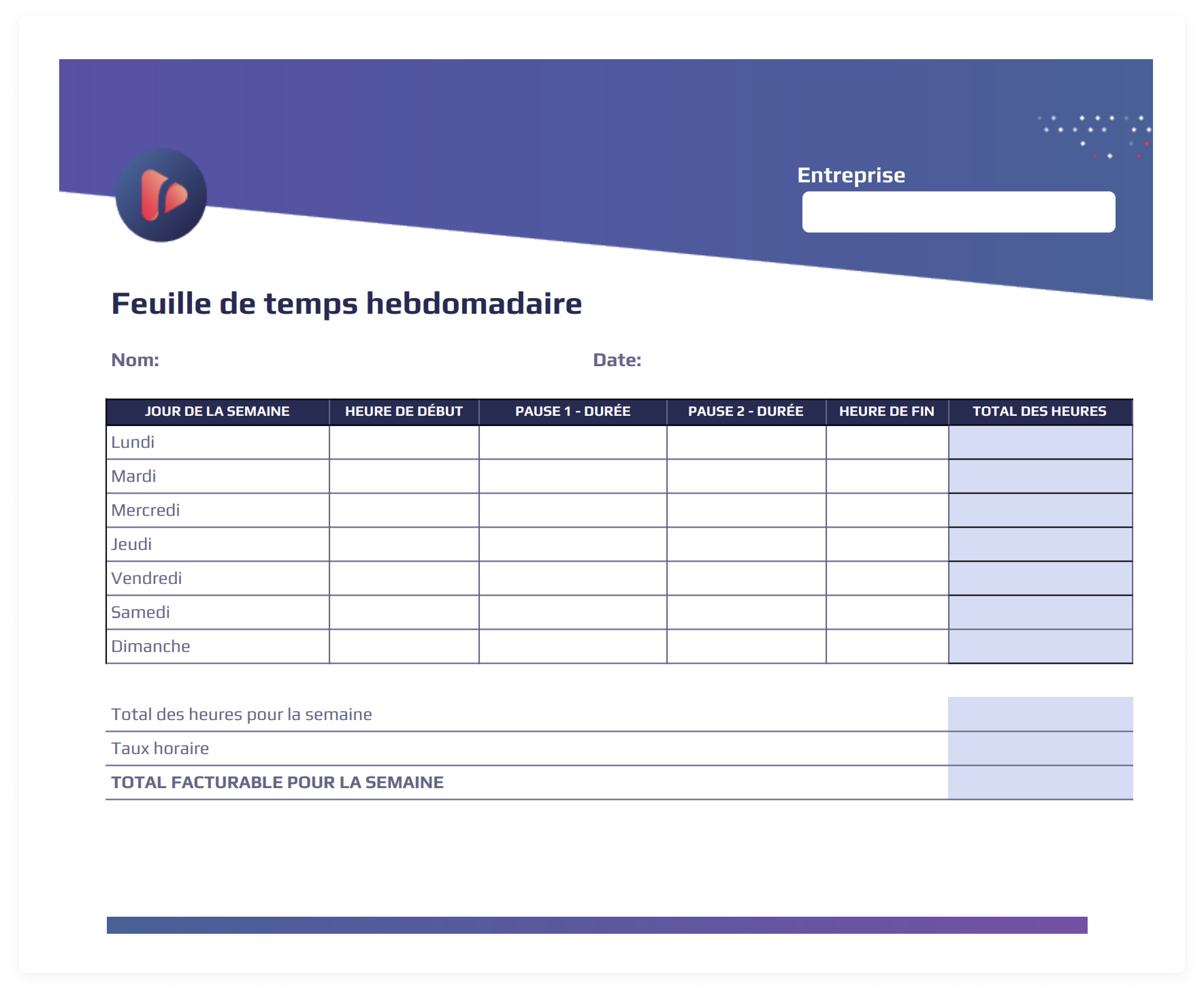 Feuille d'Heure Vierge à Imprimer ou à Télécharger (Gratuite)