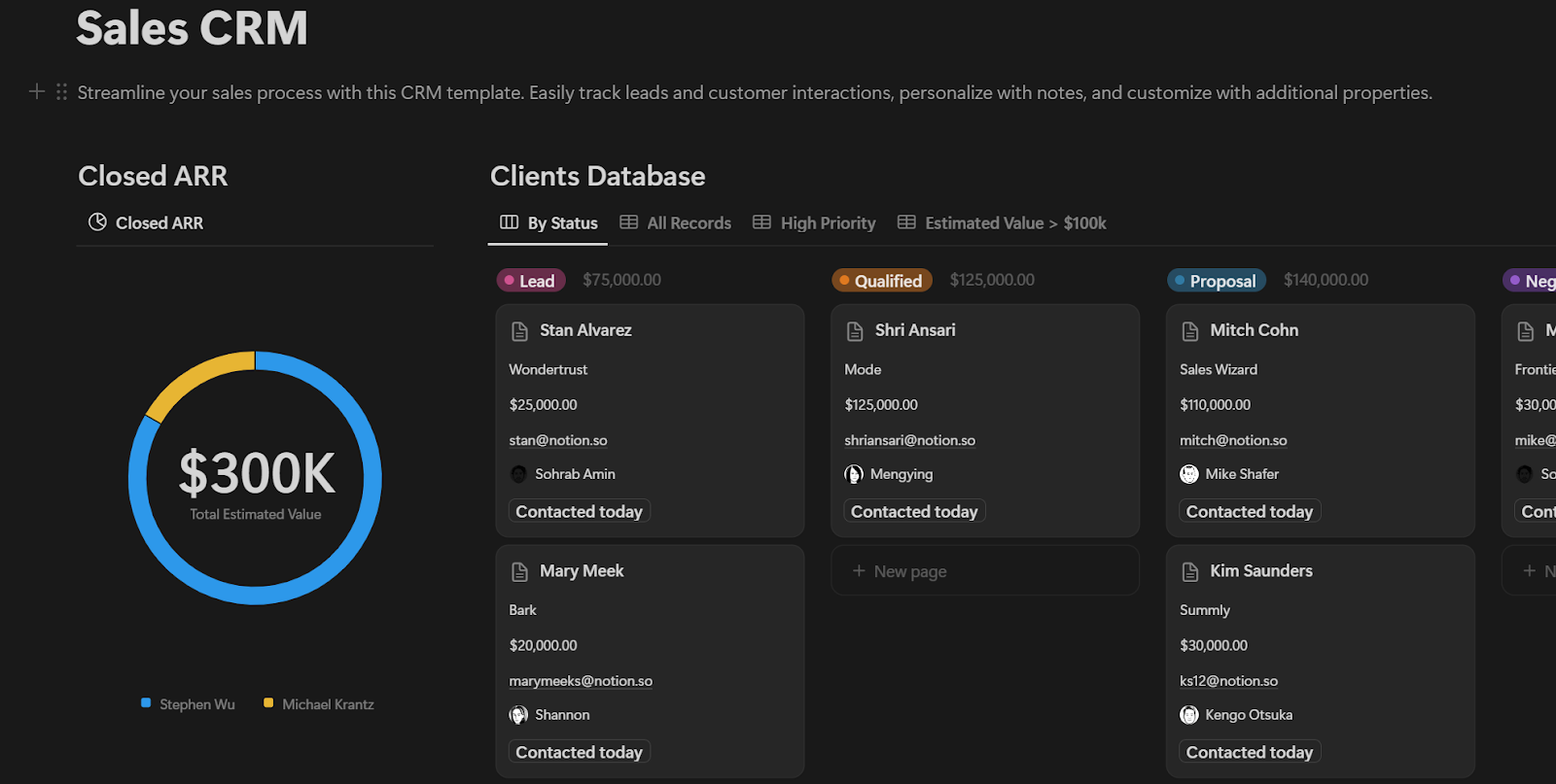 Modèle gratuit Notion pour CRM de vente simple