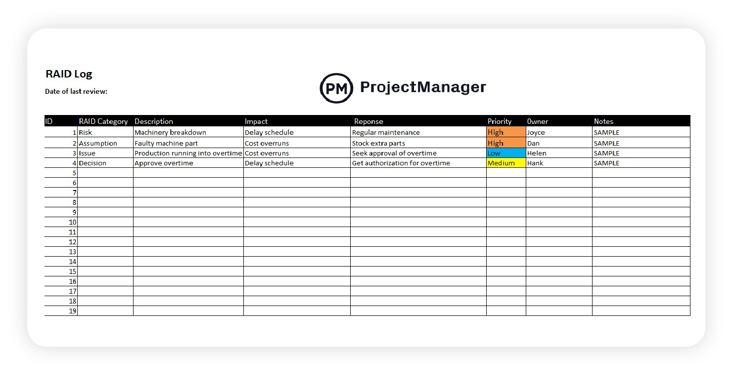 Téléchargez le modèle de journal RAID de base de ProjectManager