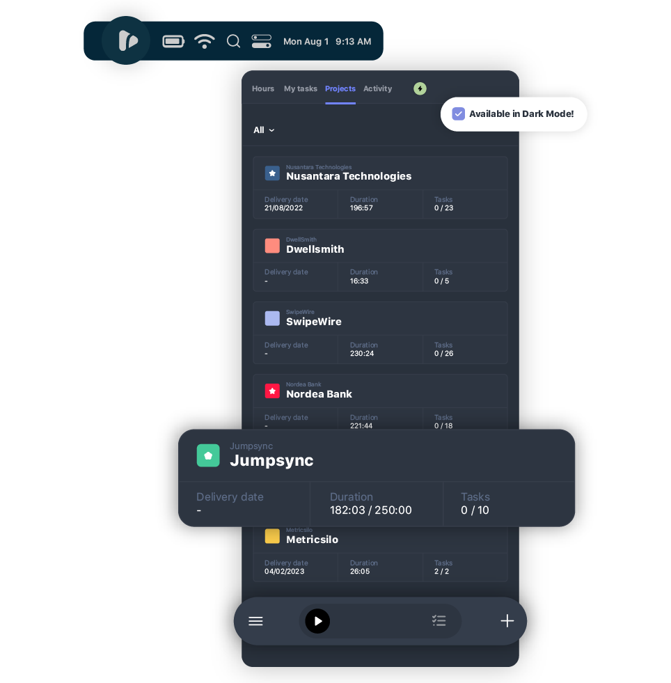 Application TrackingTime pour Mac avec le chronomètre dans la barre des menus