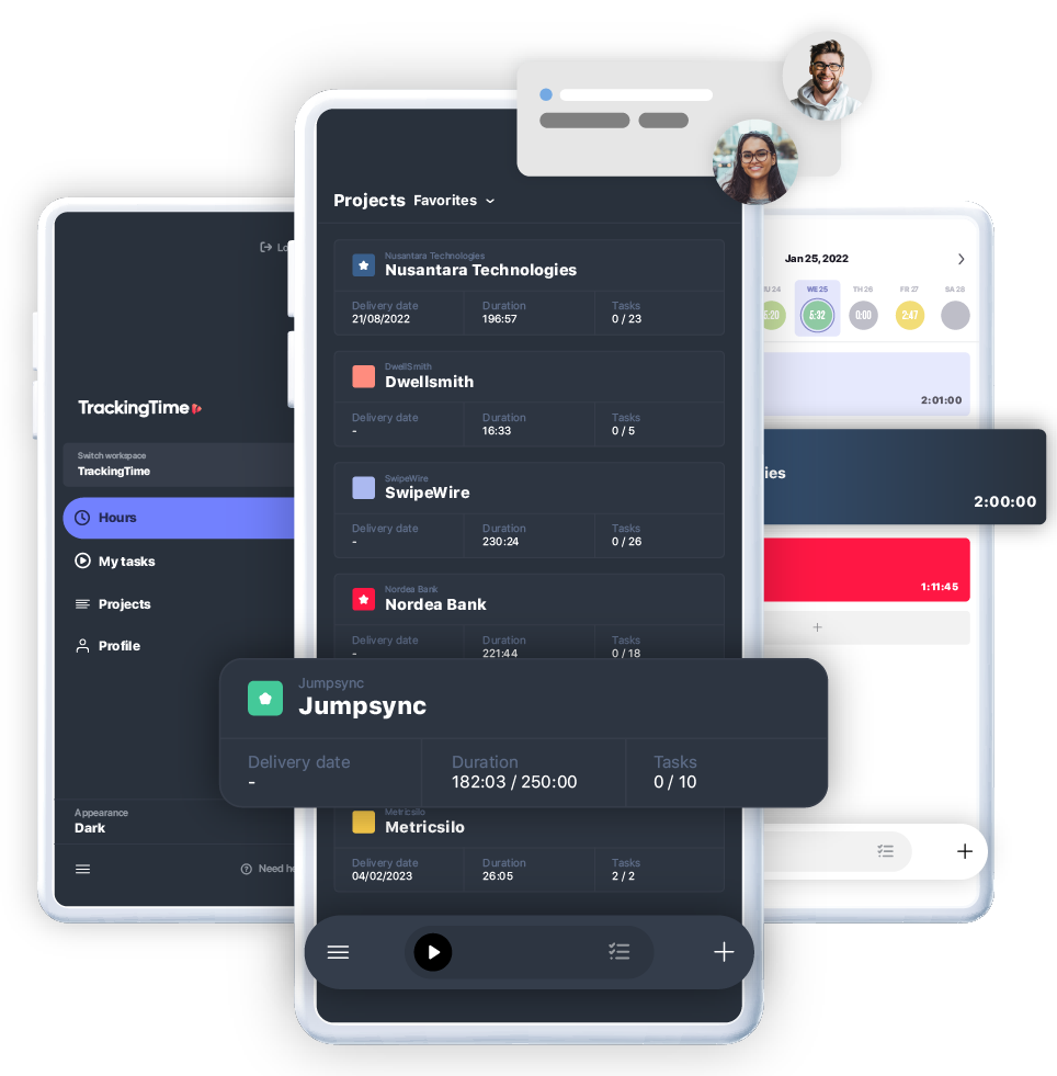 Application mobile TrackingTime sur téléphone et tablette avec projets et chronomètre actif